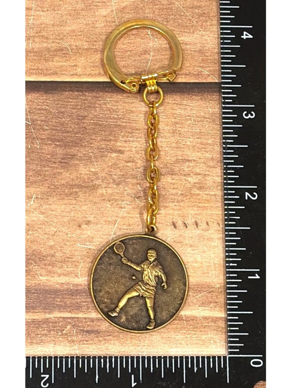 TS Vintage Male Tennis Player Keychain Gold Tone Award Trophy Shop NOS